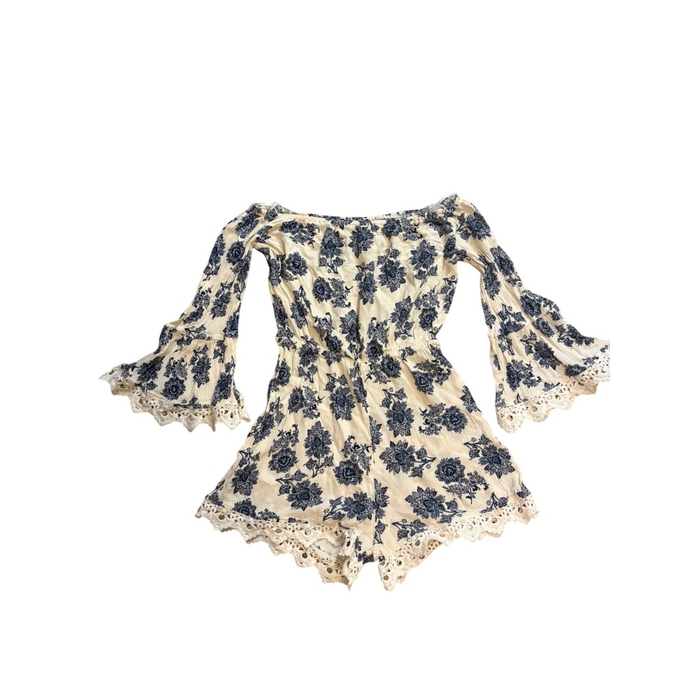 See You Monday Romper Womens S Cream Navy Floral Off Shoulder Bell Sleeve Boho